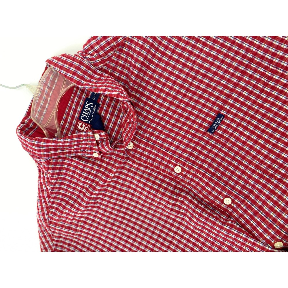 Chaps Ralph Lauren Mens XL Red Plaid Seersucker Short Sleeve Button Down Shirt - Picture 3 of 6